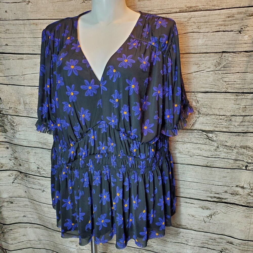 Ava & Viv Blouse Womens Plus Size 4X Black Purple Daisy NWT V-Neck Lined